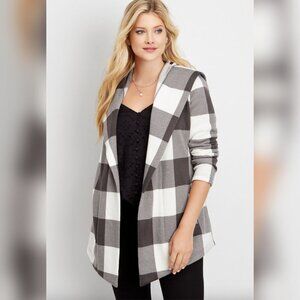 Maurices Buffalo Plaid Hooded Coatigan Jacket Pockets Black White Large Womens